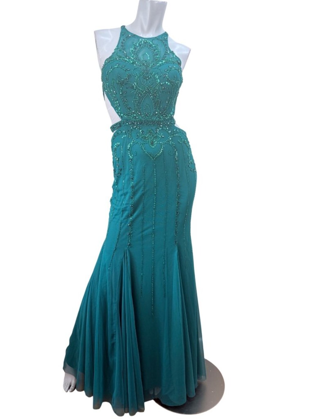 Y2K Sean Collection Beaded Teal Green Cutout Mermaid Trumpet Gown Sz 6